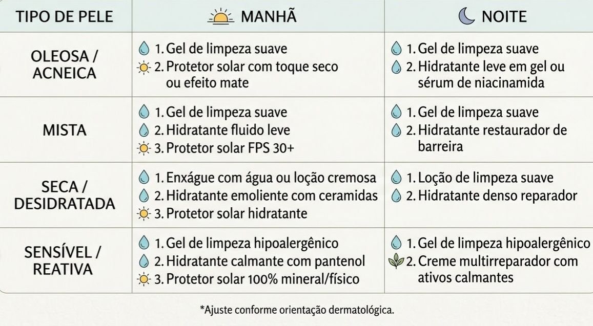Tabela com sugestão de rotina de skincare simplificada